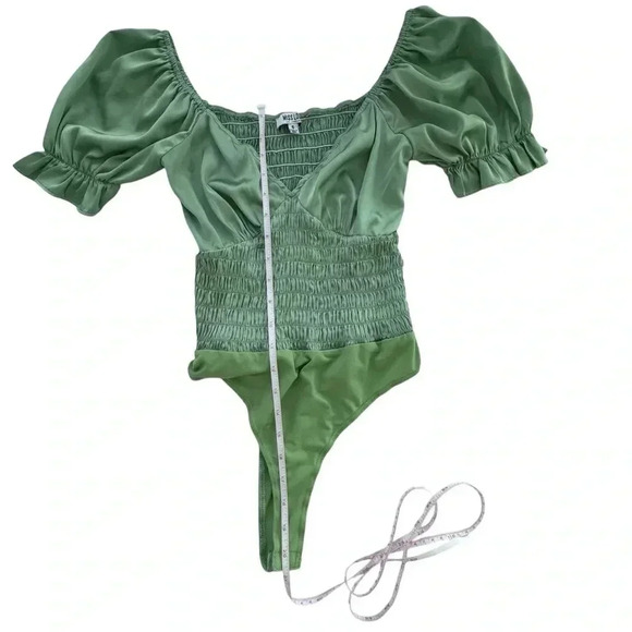 Miss Lola- Sage Green Satin Fairy Boho Ballet Ruffle Bodysuit, Size Small - Picture 9 of 12